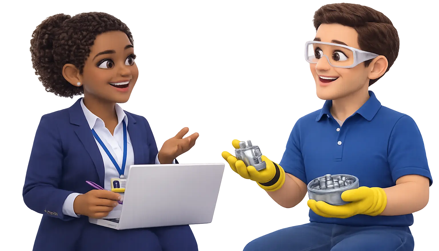 Pixar-style 3D illustration of a recruiter and industrial worker discussing work and skills